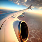 During takeoff or landing, a view of an airplane’s wing. Generative AI